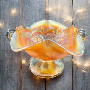 Dugan Glass Iridescent Marigold Bonbon Compote Dish Footed Bowl Glass Vintage